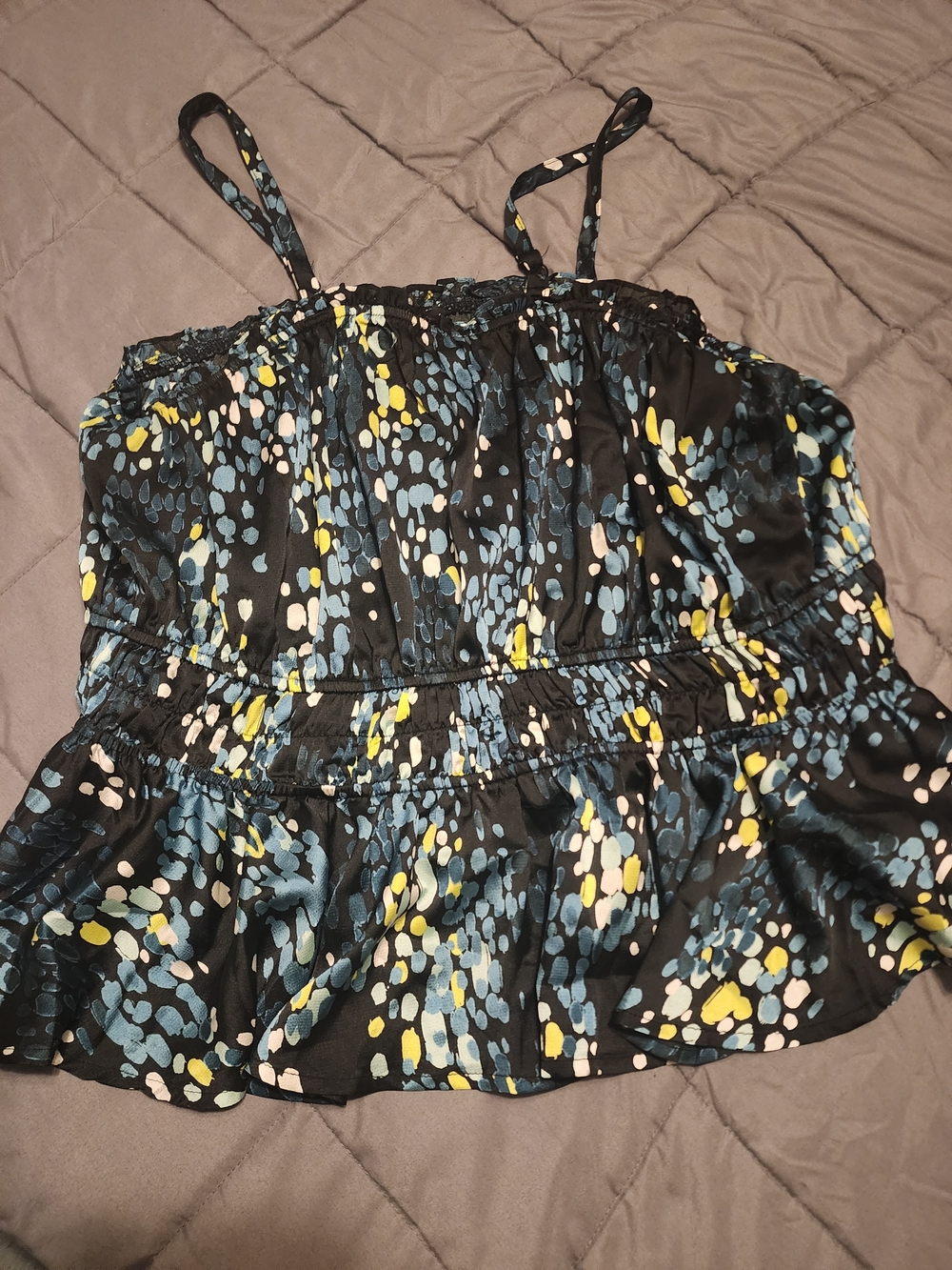 torrid Black Spotted Ruffle Cami with Blue and Yellow Accents
